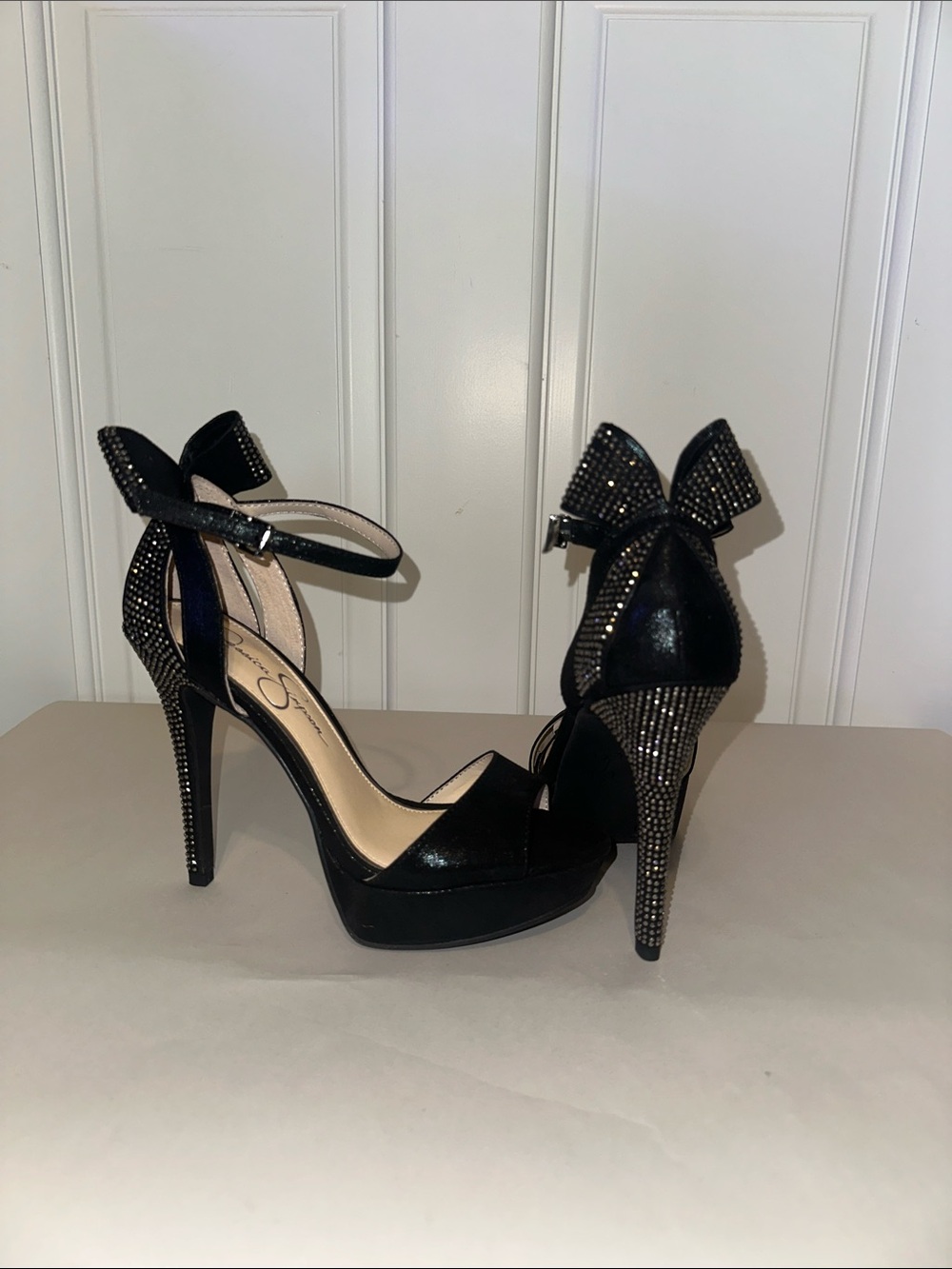 Black Embellished Bow Platform Heels - Women